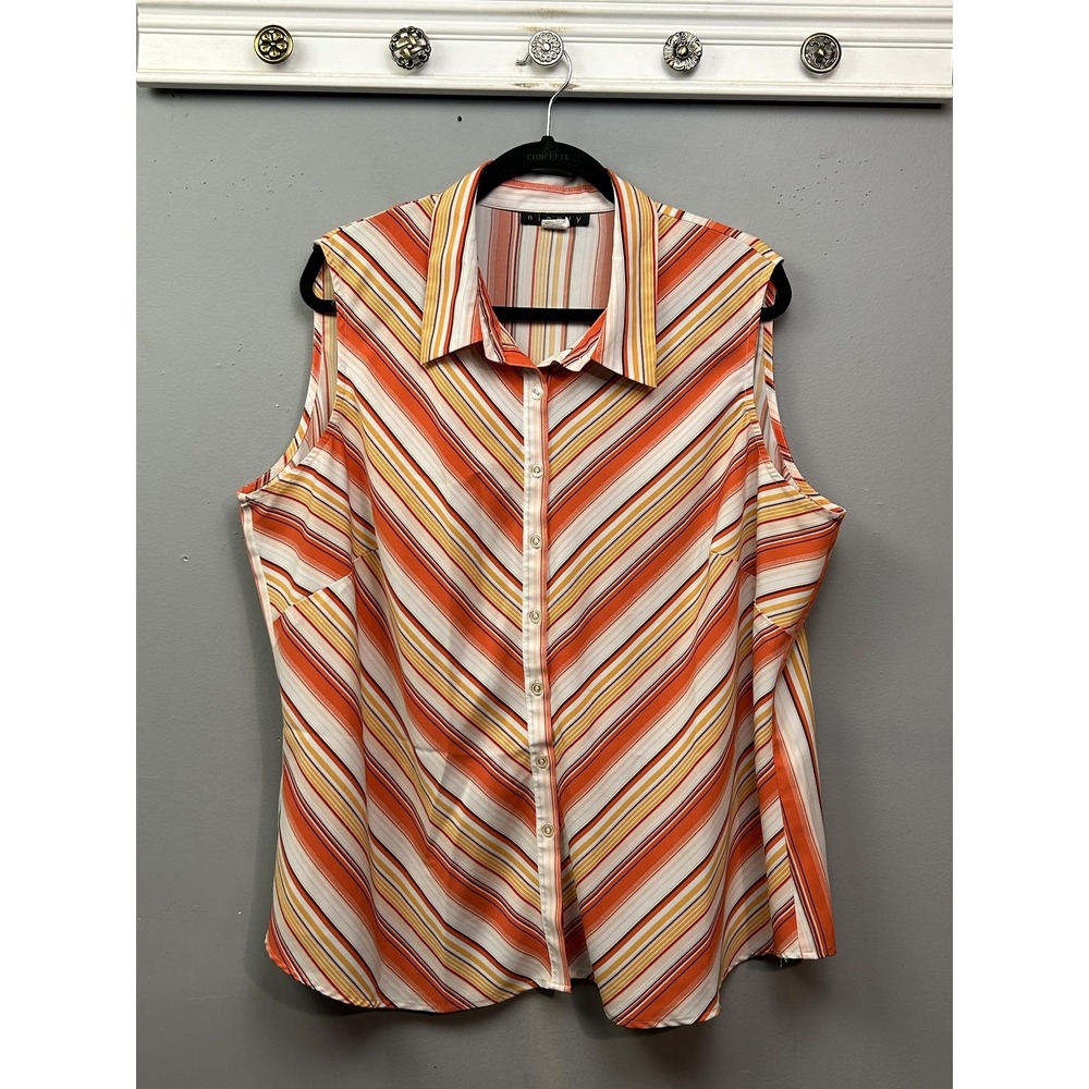 Ninety Shirt‎ Womens 3X Orange Yellow Striped Sleeveless Button Up Blouse Top